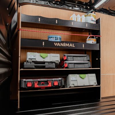 Side van angle view of the Fiat Scudo Hexaboard Front Toolbox Racking with x2 Shelves