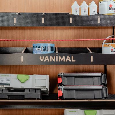 Close-up view of the Vanimal branding