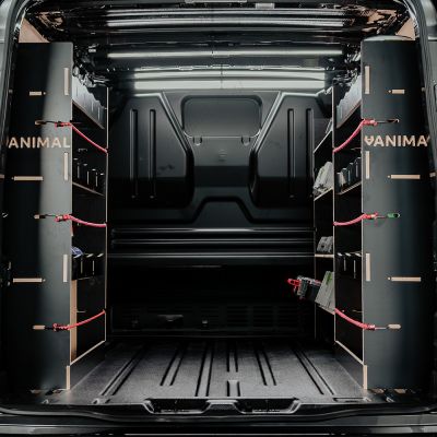 Rear van view of the Fiat Scudo SWB Hexaboard Triple Racking System with x4 Toolbox Shelves