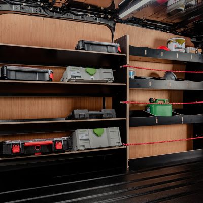 Offside view of the Fiat Scudo SWB Hexaboard Triple Racking System with x4 Toolbox Shelves