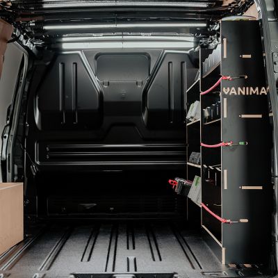 Rear van view of the Fiat Scudo SWB Hexaboard Driver Side Racking with x4 Toolbox Shelves