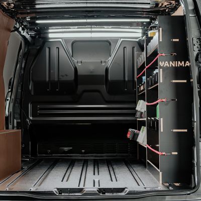 Rear van view of the Fiat Scudo LWB Hexaboard Driver Side Racking inc x2 Toolbox Shelves