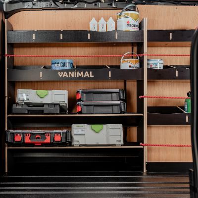 Side van view of the Fiat Scudo LWB Hexaboard Driver Side Racking inc x2 Toolbox Shelves