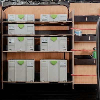 Side van view of the Fiat Scudo LWB Hexaboard Driver Side Racking inc x4 Festool Shelves