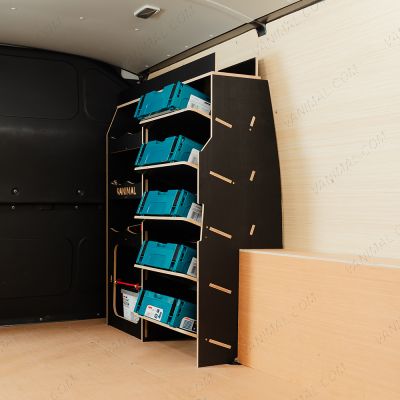 Rear van side angle view of the Fiat Scudo Hexaboard Front Ulti-Rack Van Racking V2 displayed with toolboxes and equipment