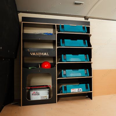 Side van angle view of the Fiat Scudo Hexaboard Front Ulti-Rack Van Racking V2 displayed with toolboxes and equipment