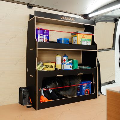 Side van angle view of the Fiat Scudo Hexaboard Rear Ulti-Rack Van Racking V2 displayed with equipment