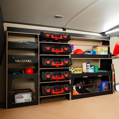 Side van angle view of the Fiat Scudo Hexaboard Driver Side Ulti-Rack Van Racking V2 displayed with Milwaukee toolboxes and equipment