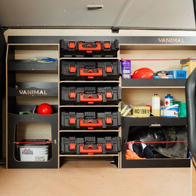 Side van view of the Fiat Scudo Hexaboard Driver Side Ulti-Rack Van Racking V2 displayed with Milwaukee toolboxes and equipment