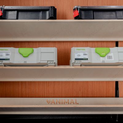 Close-up front view of the Fiat Scudo Front Toolbox Racking with x4 Angled Shelves