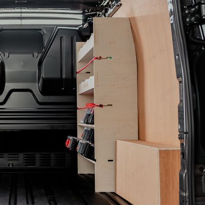 Rear van view of the Fiat Scudo Front Toolbox Racking with x2 Angled Shelves