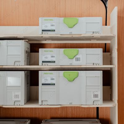 Close-up view of the Festool Boxes fitted on the Fiat Scudo Front Festool Systainer Shelving Unit