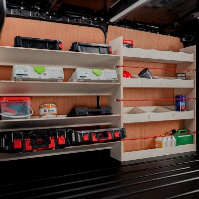 Side angle view of the offside side view of the Triple Van Racking System with x4 Toolbox Angled Shelves for the Fiat Scudo SWB