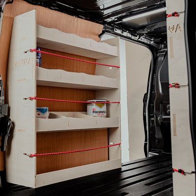 Nearside view of the Fiat Scudo SWB Triple Racking System with x2 Toolbox Shelves