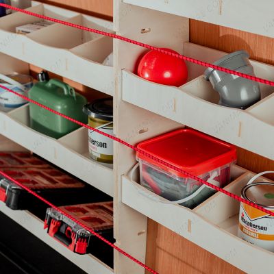 Close-up side angle view of the compartment on the Fiat Scudo SWB Full Driver Side Multi-Compartment Ply Racking