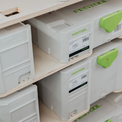 Close-up view of the Festool Systainer Shelves with boxes displayed