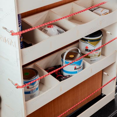 OS close-up view of the compartments on the Triple Ply Van Racking Pack for the Fiat Scudo LWB