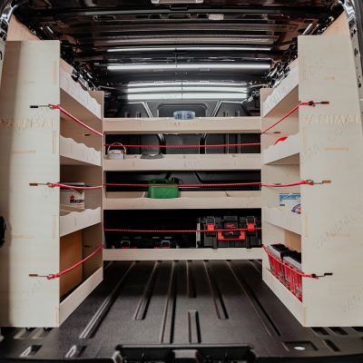 Rear van view of the Fiat Scudo LWB Double Rear and Full-Width Bulkhead Ply Racking (Triple Pack)