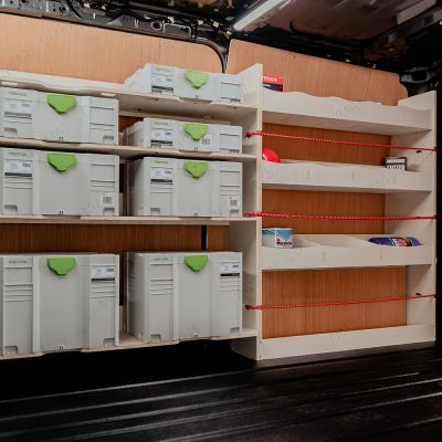 Side van angle view of the Fiat Scudo LWB Double Rear and Front Festool Ply Racking (Triple Pack)