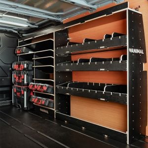 OS side view of the Transit Custom LWB 12-23 Adjustable Hexaboard Double Rear Racking and Toolbox Shelving