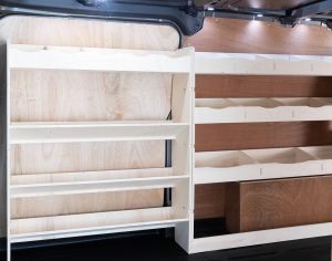 Side van view of the Ford Transit Custom 2012-2023 L2 Full Driver Side Racking and Shelving XXL 