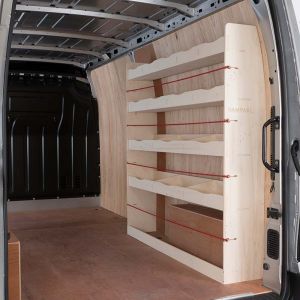 Side angle view of Renault Master LWB L3 OS Rear Racking and Shelving Unit