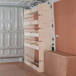 Side angle view of Citroen Relay Front OS Racking and Shelving Unit