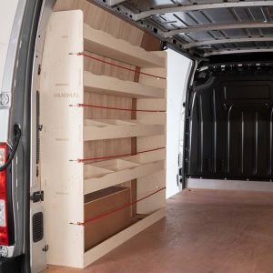 Side angle view of Nissan NV400 LWB L3 NS Rear Racking and Shelving Unit