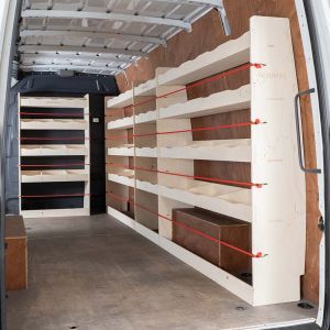 OS side view of the Mercedes Sprinter 2018- LWB Full Driver Side and Bulkhead Ply Racking (4 Pack)