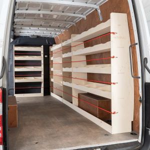 OS side view of the Mercedes Sprinter 2018- LWB Full Driver Side, Toolbox and Bulkhead Racking (5 Pack)