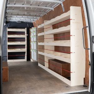 Side angle view of VW Crafter LWB L3 2017- Full Driver Side, Festool and Bulkhead Racking (5 Pack)