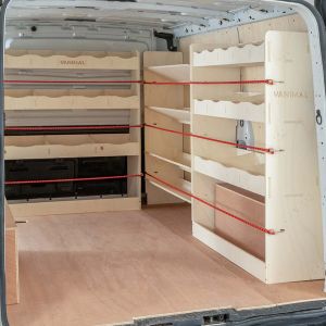 OS side view of the Fiat Talento 2016-2021 LWB Full Driver Side Ply Racking with Toolbox and Bulkhead (Triple Pack)