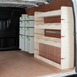 Ford Transit SWB 2001-2013 Full Driver Side Ply Racking with Front Festool Shelving - OS Side View
