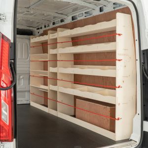 OS side view of Maxus Deliver 9 LWB L2 2020- Full Driver Side Ply Racking with Front Toolbox Shelving Units