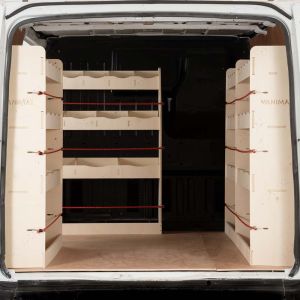 Rear van view of Ford Transit SWB 2001-2013 Double Rear, Front and Bulkhead Ply Racking (4-Pack)