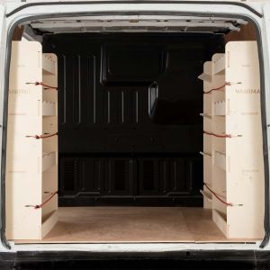 Rear van view of Ford Transit SWB 2001-2013 Double Rear Racking and Front Toolbox (Triple Pack)