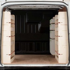 Rear van view of Ford Transit SWB 2001-2013 Double Rear and Front Festool Ply Racking (Triple Pack)