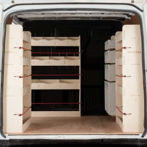Rear van view of the Ford Transit 2001-2013 SWB Double Rear, Front Festool and Bulkhead Racking (4-Pack)