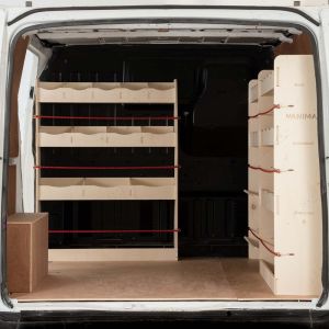 Rear van view of Ford Transit SWB 2001-2013 OS Front Toolbox, Rear Racking and Bulkhead
