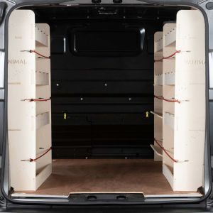 Rear van view of Vauxhall Vivaro C SWB L1 2019- Double Rear and Front Toolbox with Compartment Racking (Triple Pack)