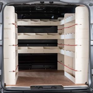 Rear van view of Vauxhall Vivaro C LWB L2 2019- Double Rear Racking plus Bulkhead/Front RH L-Rack