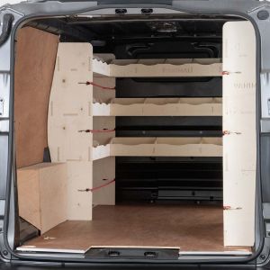 Rear van view of Vauxhall Vivaro C SWB L1 2019- OS Rear Racking and Bulkhead/Front LH L-Rack
