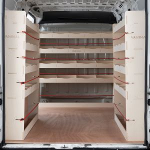 Rear van view of Vauxhall Movano L3 2022- Double Rear and Full-Width Bulkhead Ply Racking (3-Pack)