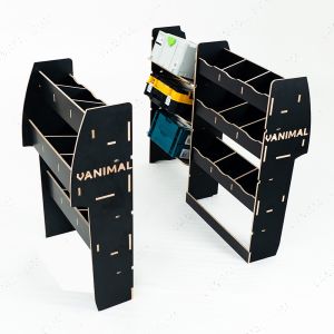 OS side angle top view of the Vauxhall Combo E 2018- SWB L1 NS and OS Rear Hexaboard Racking Plus Front Toolbox (Triple Pack) - displaying toolboxes