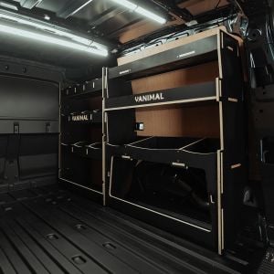 Rear van side angle view of the Ford Transit Connect LWB 2024- Hexaboard Driver-Side Racking inc Ulti-Rack V2
