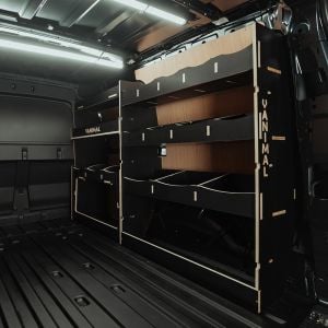 Rear van side angle view of the Ford Transit Connect LWB 2024- Hexaboard Driver-Side Racking inc Front Ulti-Rack V2
