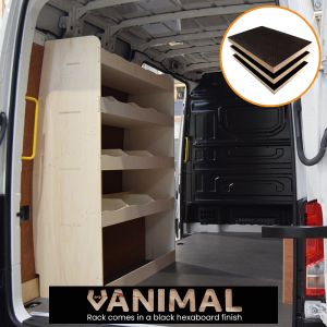 Side angle view of the VW Crafter 2006- MWB Hexaboard XL NS Rear Ply Van Racking Unit