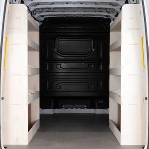 Rear van view of the VW Crafter MWB NS and OS Rear Ply Racking and Shelving (Pair)