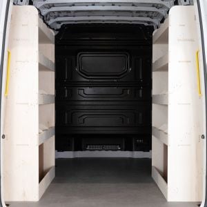 Rear van view of the VW Crafter MWB NS and OS Rear Ply Racking and Shelving (Pair)