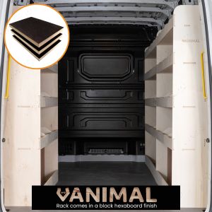 Rear van view of the Mercedes Sprinter 2006- MWB Hexaboard Triple Van Racking System (Multi-Compartment)

